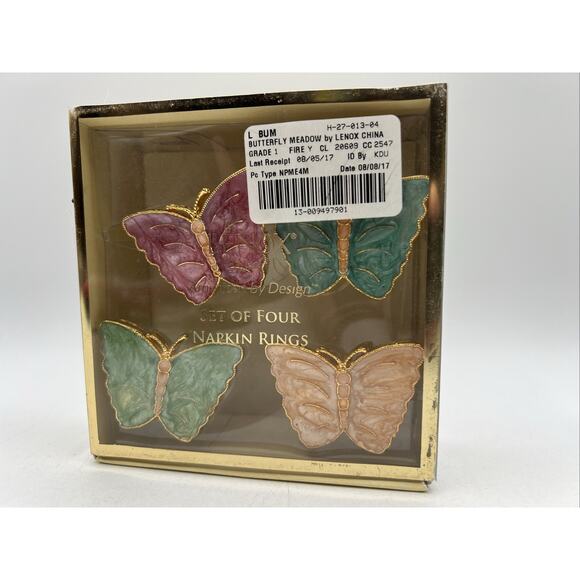 Set 4 Lenox Multi Colored Butterfly Napkin Rings Gold Trim Enamel 2" Pastel - Picture 1 of 4